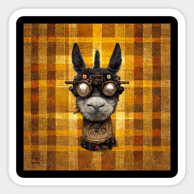 Steampunk Llama with cool goggles and a metal collar on a plaid background. Sticker by Liana Campbell